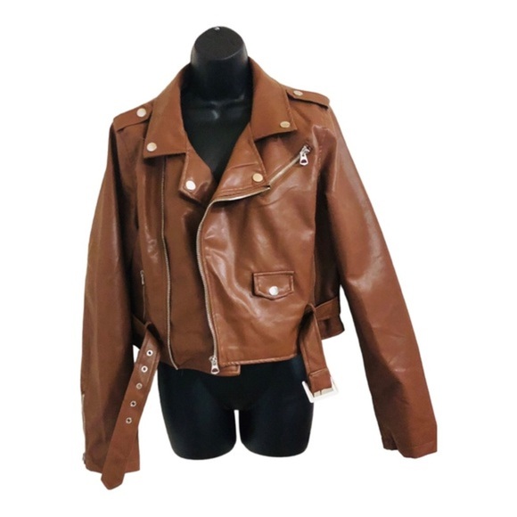 Stoosh brown leather look classic motorcycle biker rocker jacket size XL new - Picture 12 of 15